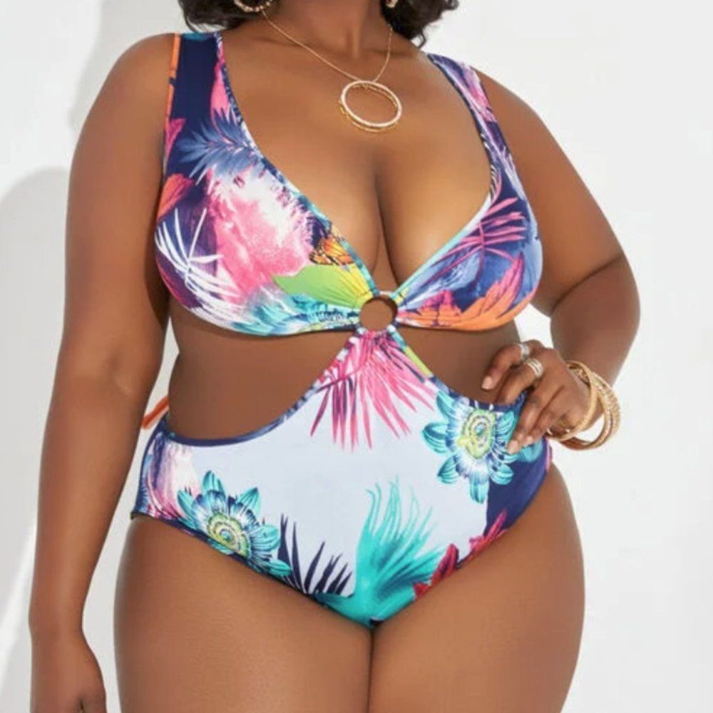 Ashley Stewart Tropical Butterfly Print Cut Out Bodysuit Plus Size 22-24